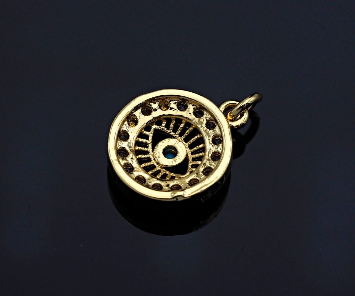 CZ Micro Pave Evil Eye On Round Pendant,Cubic Zirconia Round Evil Eye Pave Pendant Beads, Pave Charm, 11x13mm, SKU#F1190