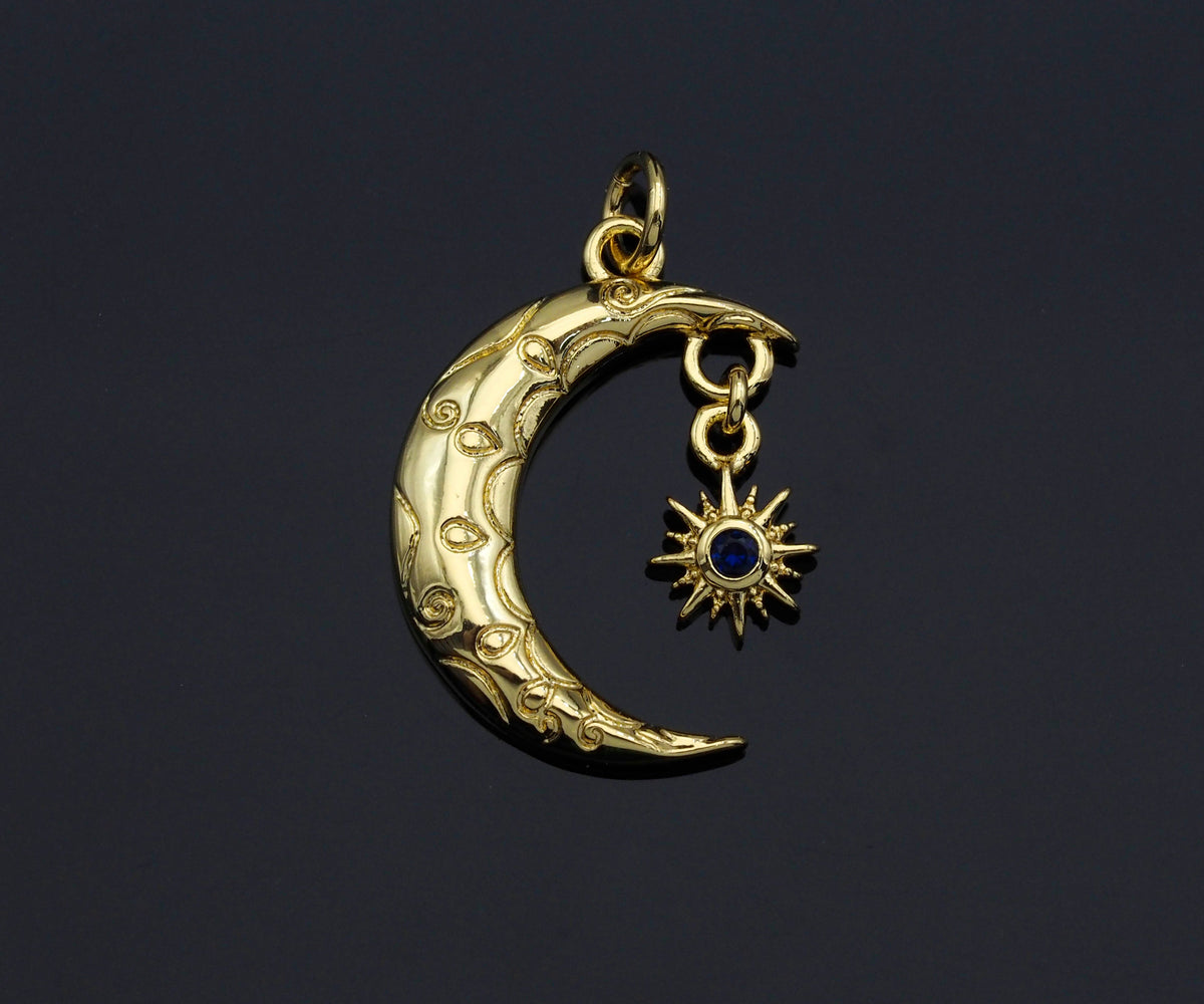 Cobalt CZ Micro Pave Cresent Moon With North Star Shape Pendant Charm, Cubic Zirconia Moon Charm,15x22mm,Sku#LK158