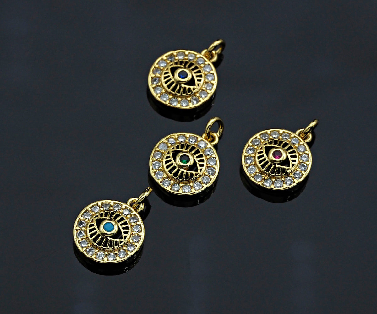 CZ Micro Pave Evil Eye On Round Pendant,Cubic Zirconia Round Evil Eye Pave Pendant Beads, Pave Charm, 11x13mm, SKU#F1190