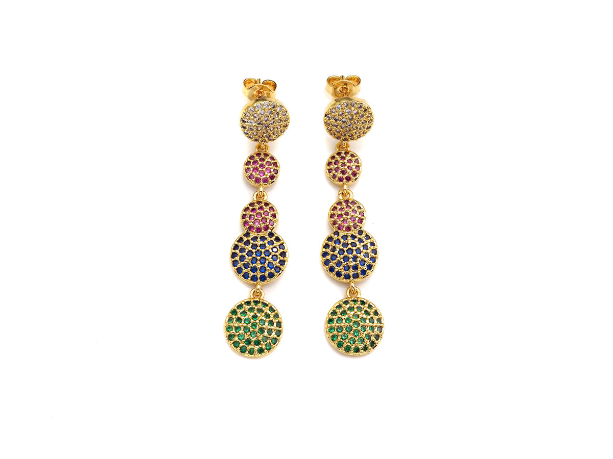 Colorful CZ Micro Pave Five Round Dots Dangle&Drop Earrings, Colorful CZ micro pave earrings, Statement Earrings, 47mm, sku#J275