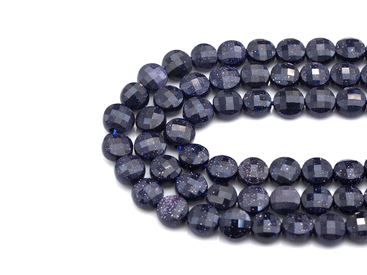 Double Sided Turtle Shell Cut Blue Goldstone Coin beads, 6mm Flat coin faceted, Natural Gemstone Beads, 16" Full Strand, sku#U606