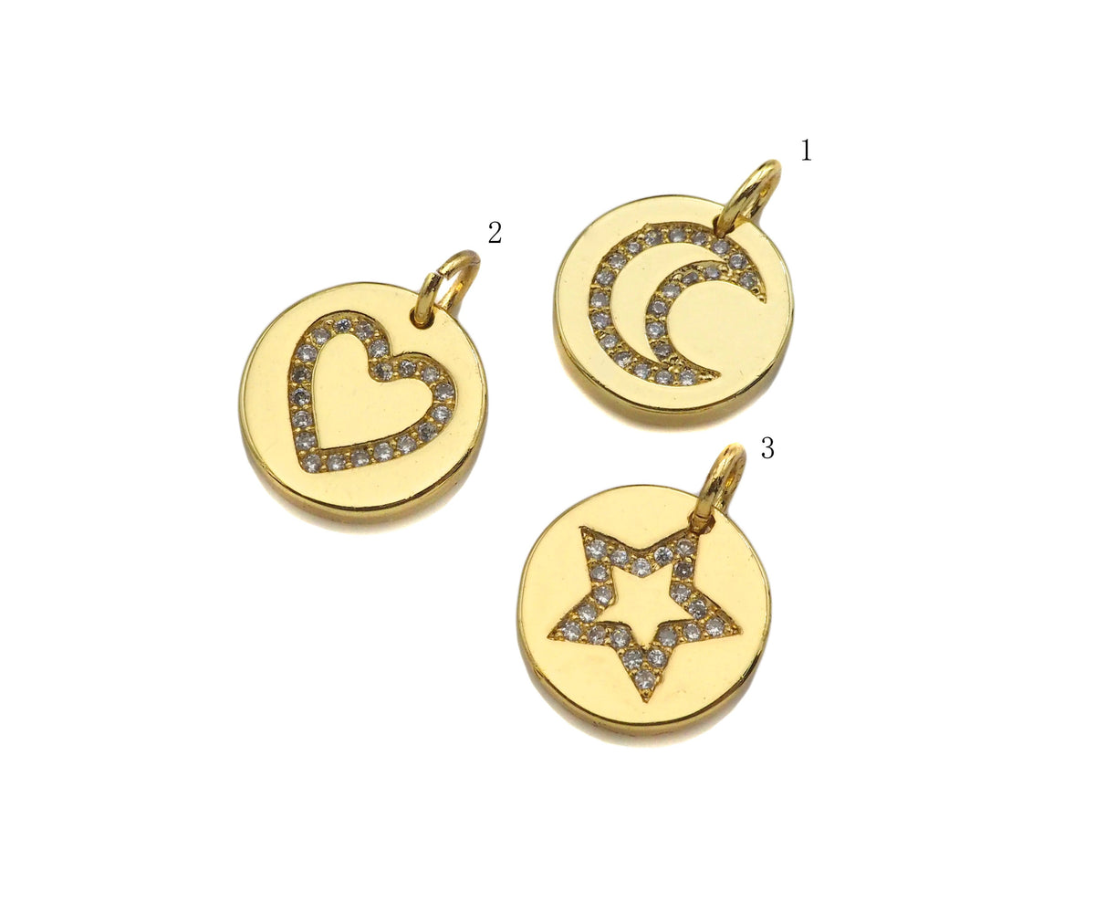 CZ Micro Pave Heart Star Moon On Round Coin Shape Pendant,CZ Dainty Gold Medallion Charm, Necklace Bracelet Charm Pendant,12x12mm, Sku#F1382