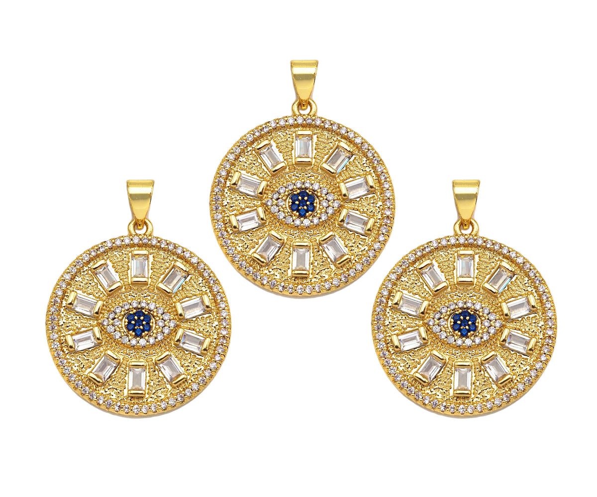 Big CZ Micro Pave Evil Eye On Round Coin Shape Pendant/Charm,Cubic Zirconia Medallion Charm, Necklace Bracelet Charm, 26x23mm, Sku#F1360