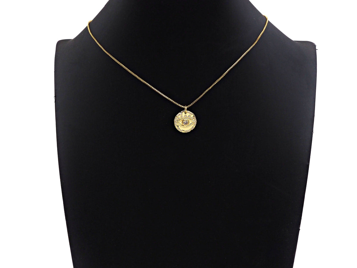 CZ Micro Pave Evil Eye On Hammered Coin Pendant/Charm,Cubic Zirconia Gold/Silver Charm, Necklace Bracelet Charm Pendant,16x16mm, Sku#L398
