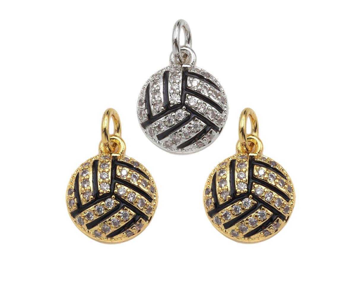 CZ Micro Pave Gold Silver Volleyball Charm, Cubic Zirconia Pendant, Volleyball Charm, CZ Micro Pave Sport ball Pendant,10x12mm, Sku#F1349