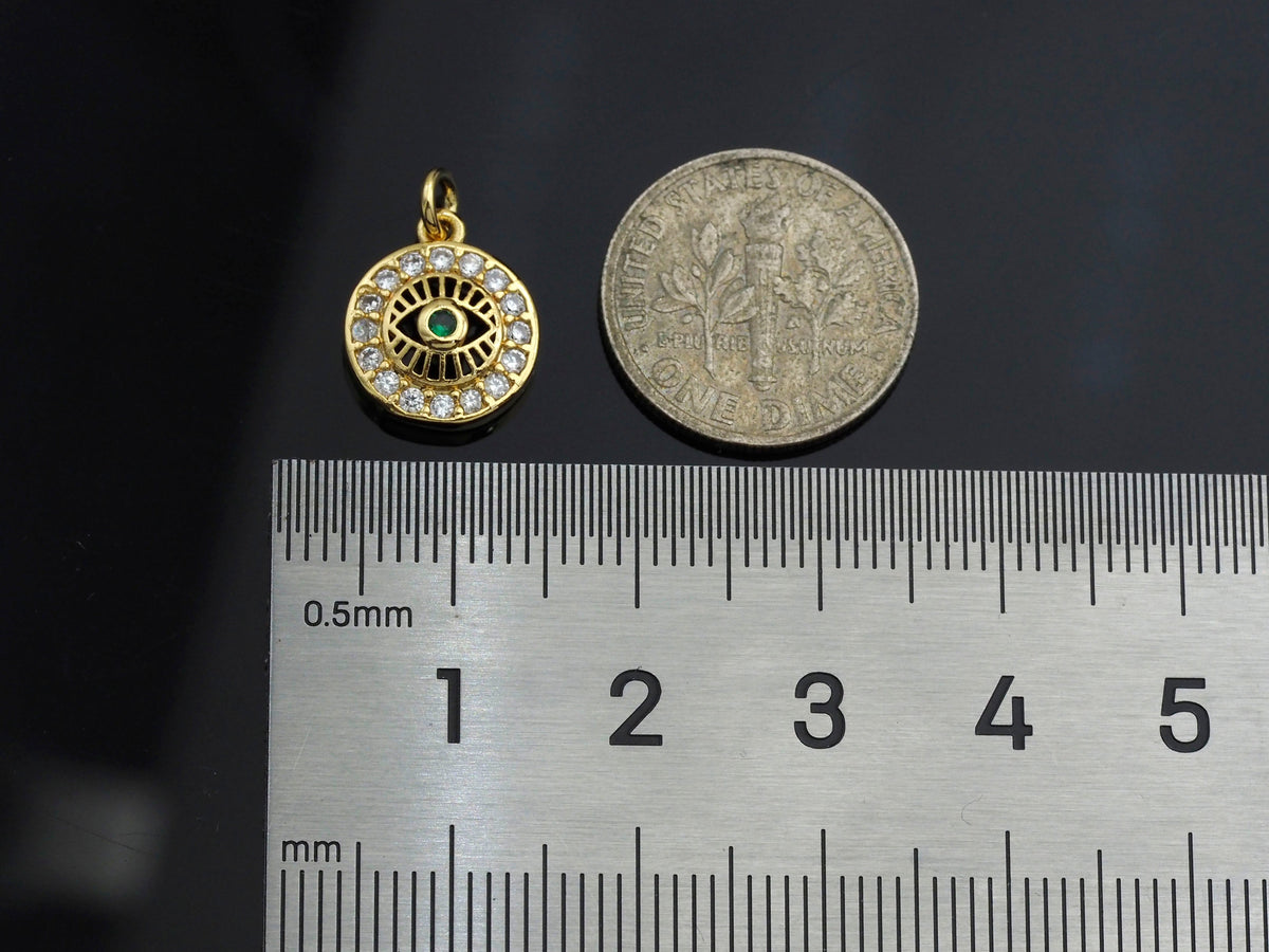 CZ Micro Pave Evil Eye On Round Pendant,Cubic Zirconia Round Evil Eye Pave Pendant Beads, Pave Charm, 11x13mm, SKU#F1190