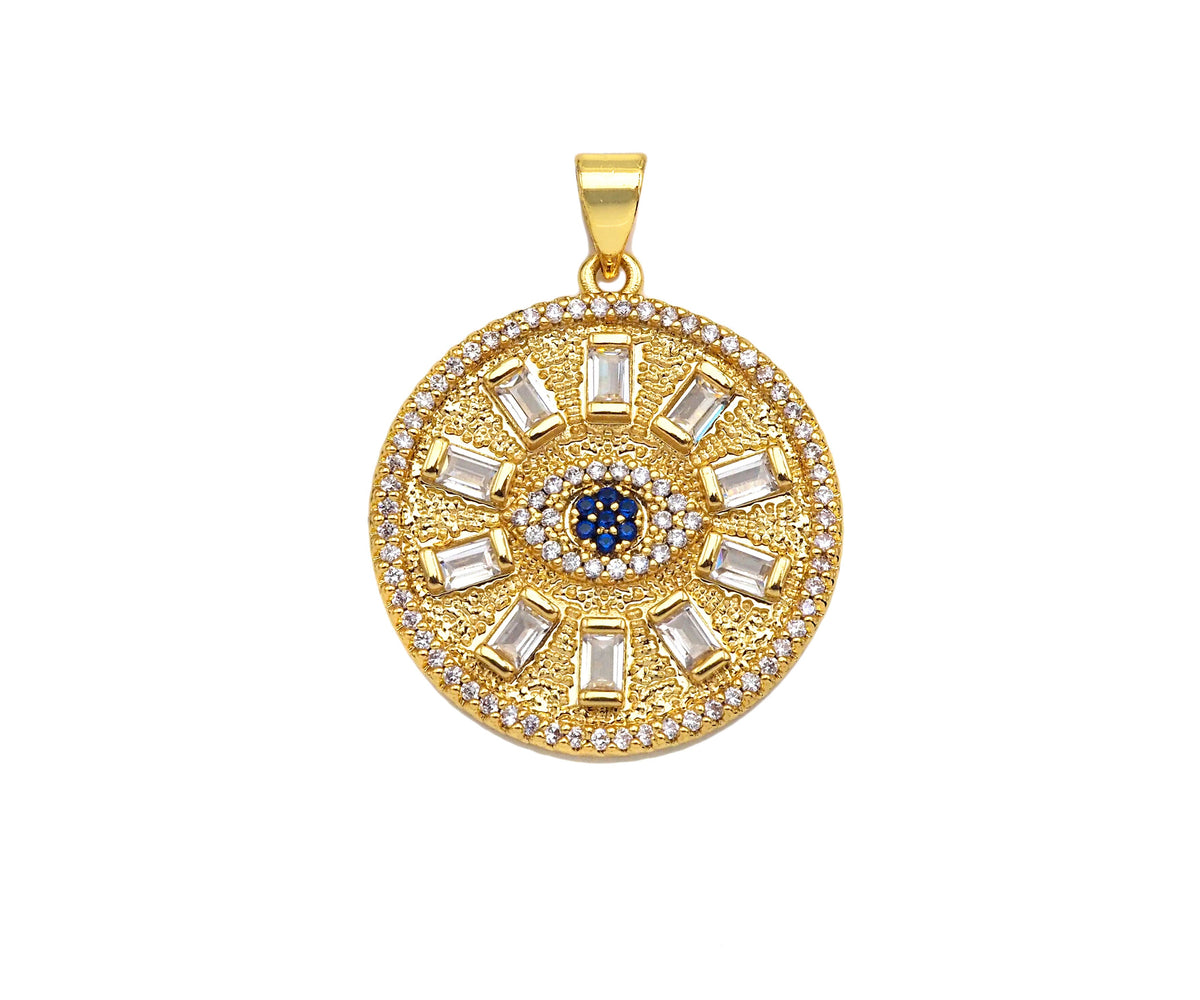 Big CZ Micro Pave Evil Eye On Round Coin Shape Pendant/Charm,Cubic Zirconia Medallion Charm, Necklace Bracelet Charm, 26x23mm, Sku#F1360