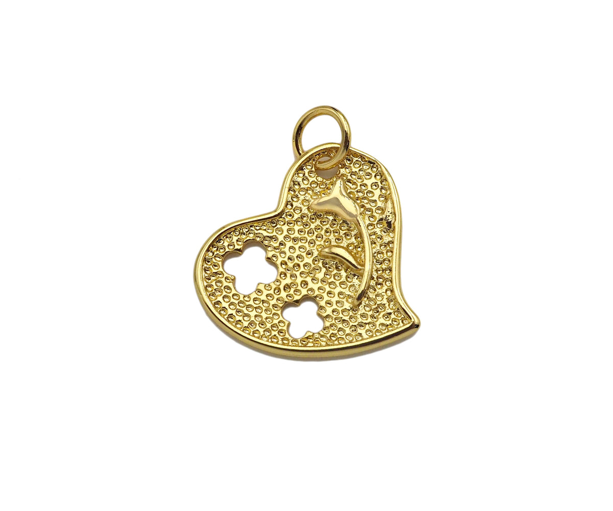 18K Dainty Gold Hollow Out Rose Flower Heart Shape Pendant, Sku#F1392C