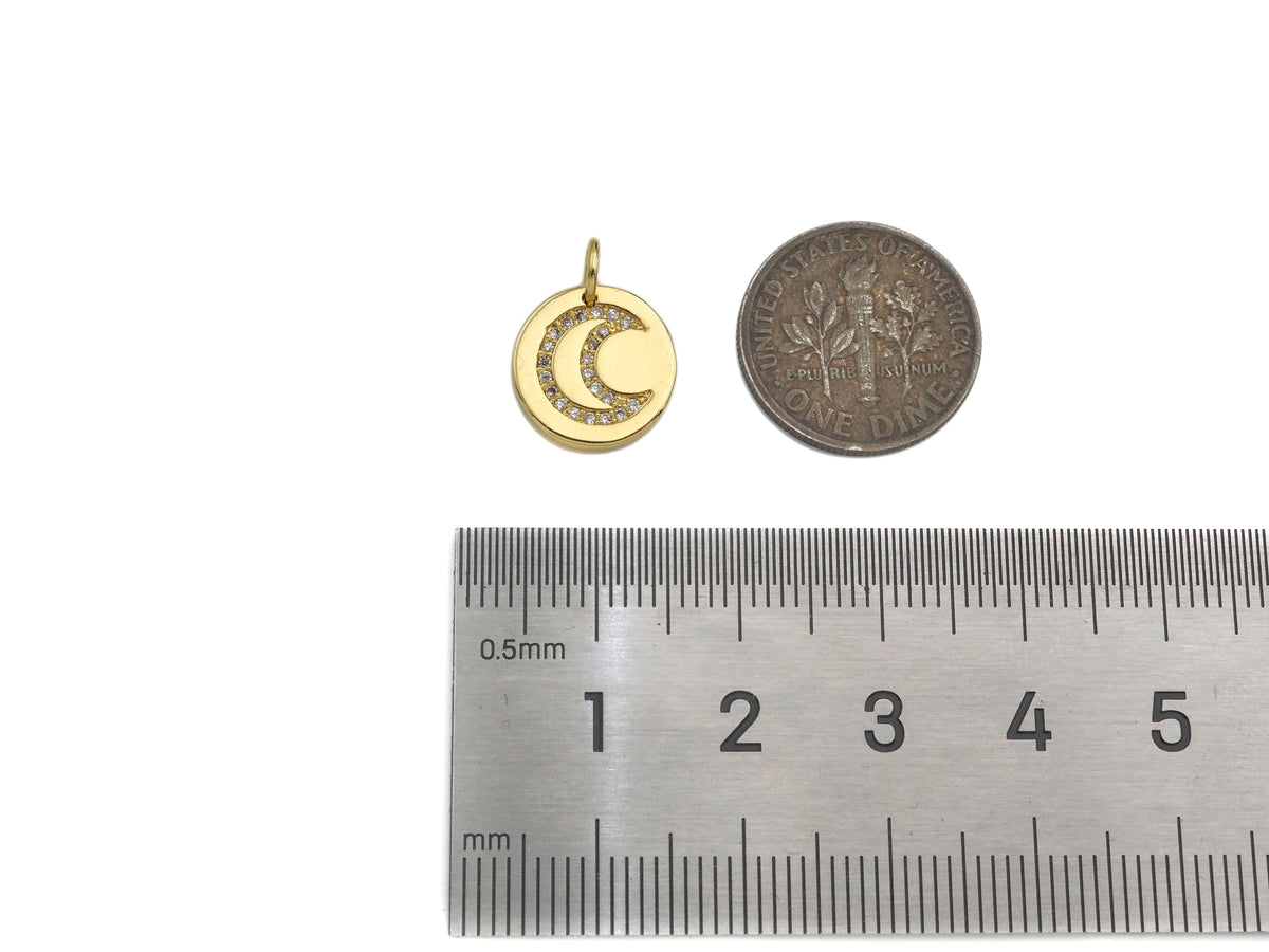 CZ Micro Pave Heart Star Moon On Round Coin Shape Pendant,CZ Dainty Gold Medallion Charm, Necklace Bracelet Charm Pendant,12x12mm, Sku#F1382