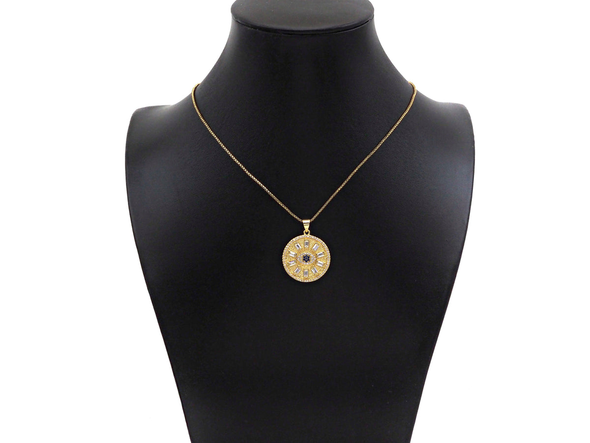 Big CZ Micro Pave Evil Eye On Round Coin Shape Pendant/Charm,Cubic Zirconia Medallion Charm, Necklace Bracelet Charm, 26x23mm, Sku#F1360