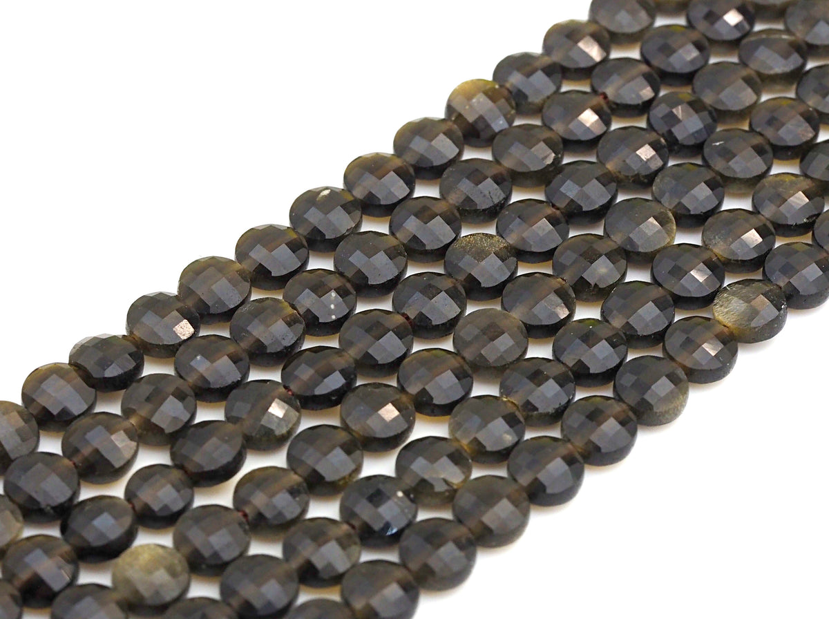 Double Sided Turtle Shell Cut Natural Golden Obsidian Button Shape beads, 6mm faceted, Natural Gemstone Beads, 16" Full strand, sku#U607