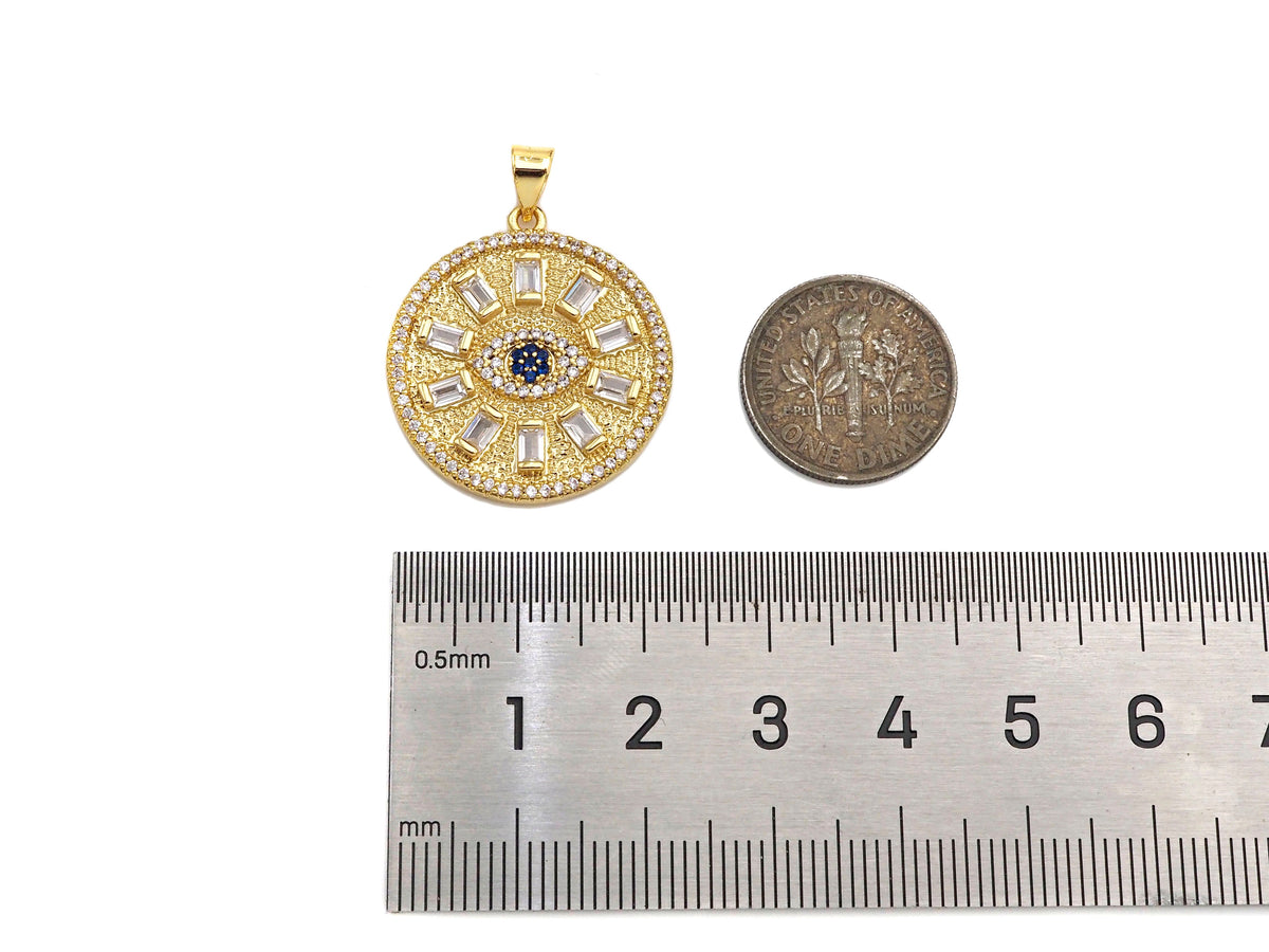 Big CZ Micro Pave Evil Eye On Round Coin Shape Pendant/Charm,Cubic Zirconia Medallion Charm, Necklace Bracelet Charm, 26x23mm, Sku#F1360