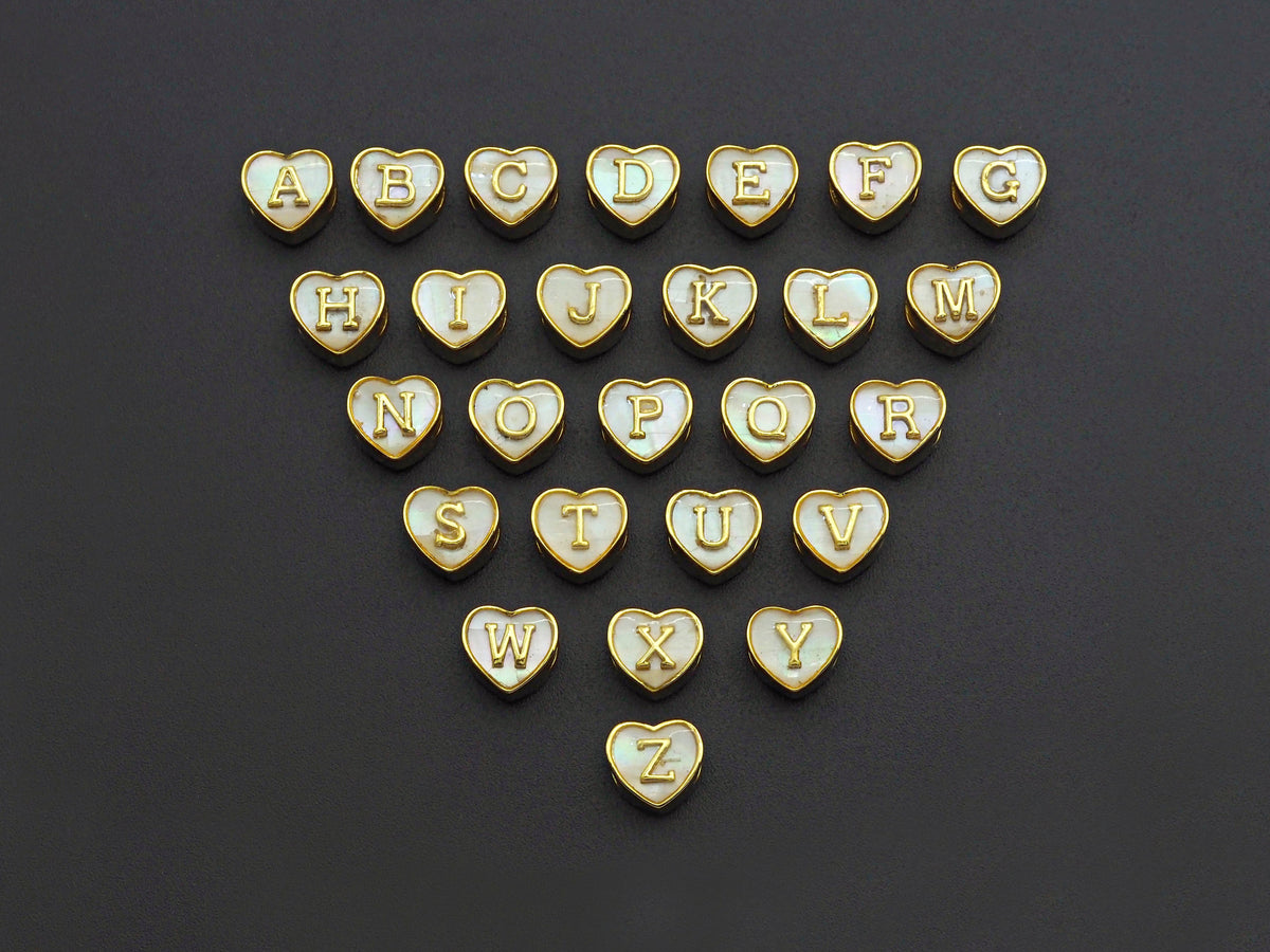 New Trendy Gold Mother of Pearl  A-Z 26 Initials Letter Heart Space Beads, Initial Letter Beads, 7x9x10mm,sku#G420