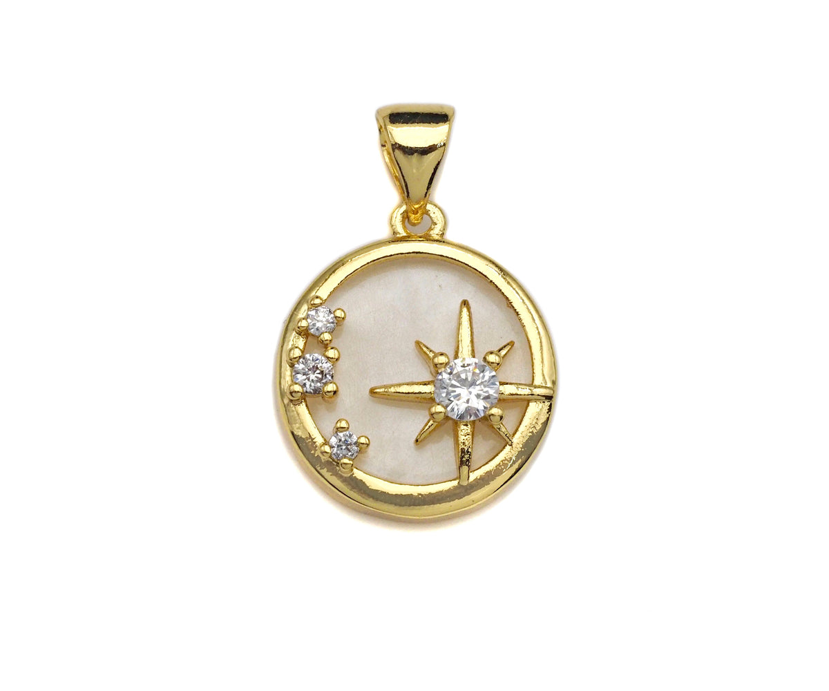 Clear CZ Micro Pave North Star On Round Coin Shape Pendant Charm, Cubic Zirconia Round Coin Mother Of Pearl Charm,14x16mm,sku#LK160