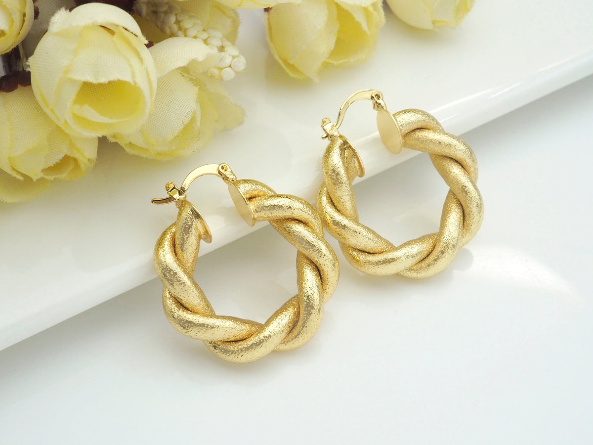 Matte Gold Twisted Hoop Earrings, Bold Gold Hoop Earrings, C