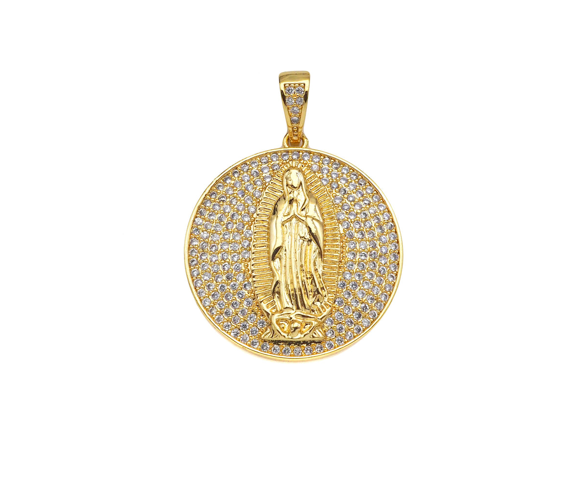 CZ Micro Pave Virgin Mary On Round Coin Shape Pendant,18K Gold Filled/Silver Medallion Charm, Necklace Bracelet Pendant,26x29mm,Sku#F1406