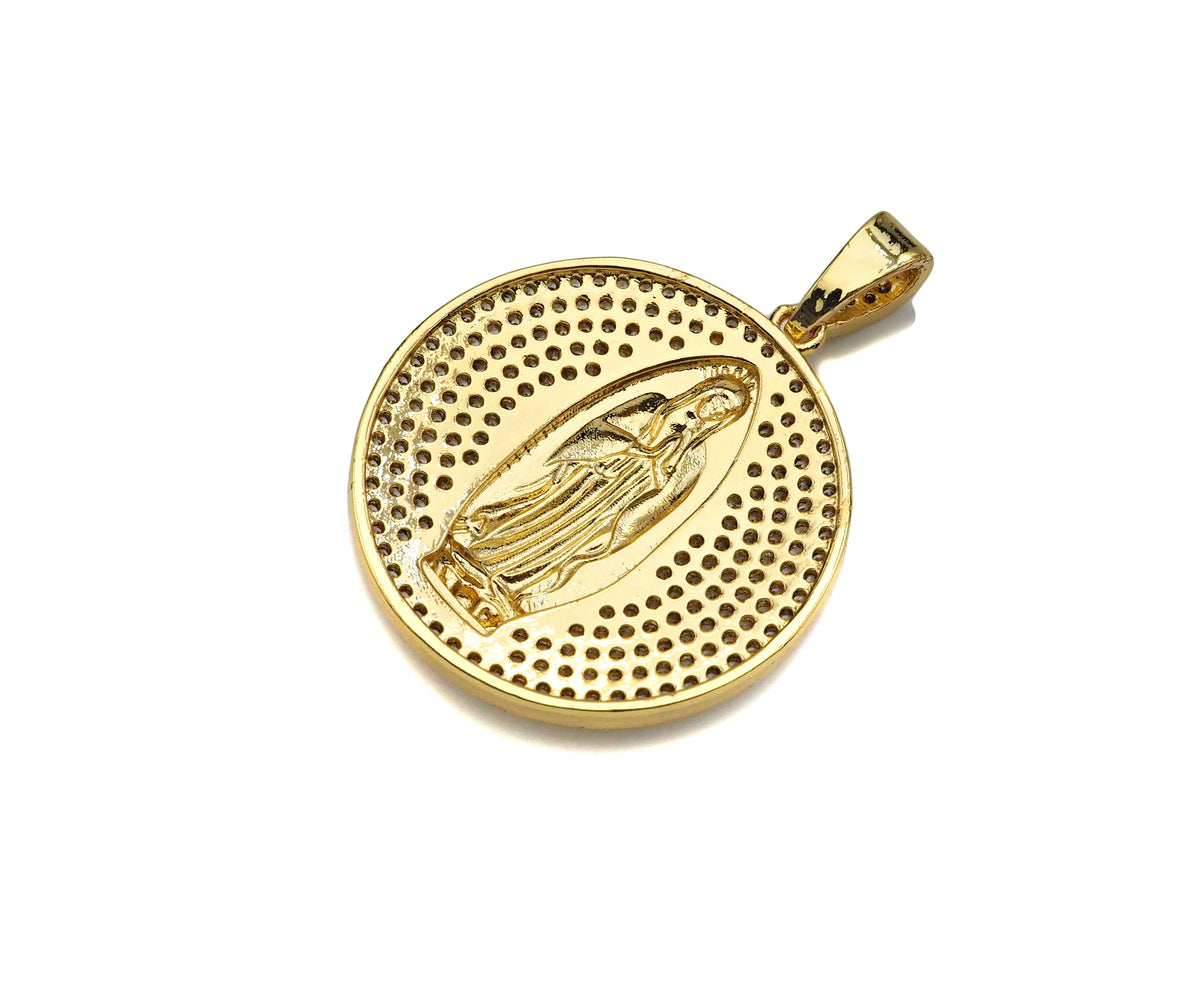 CZ Micro Pave Virgin Mary On Round Coin Shape Pendant,18K Gold Filled/Silver Medallion Charm, Necklace Bracelet Pendant,26x29mm,Sku#F1406