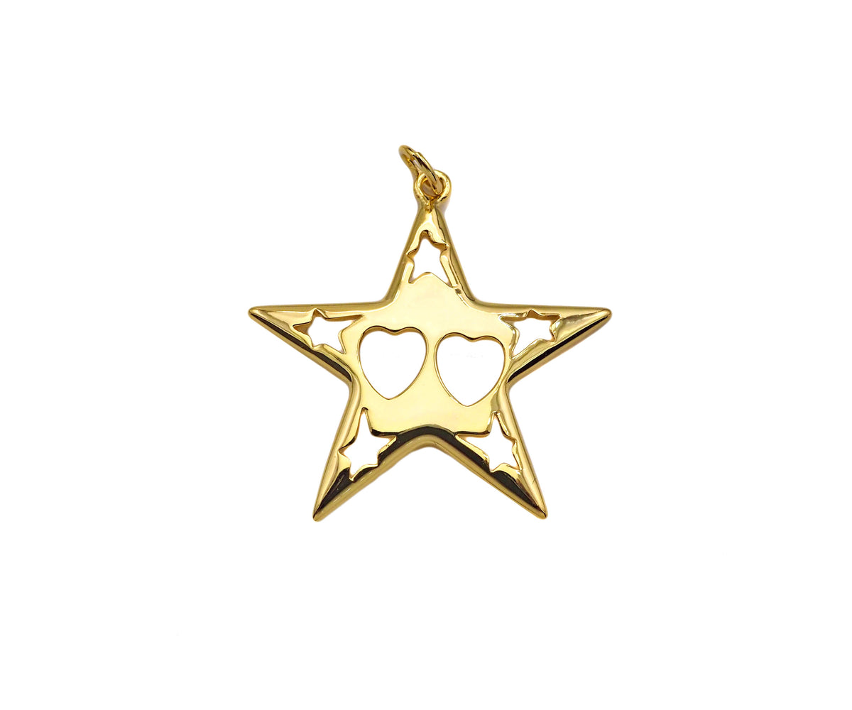18K Dainty Gold Hollow Out Heart and Star On Five Point Star Shape Pendant, Necklace Bracelet Charm Pendant, 29x30mm, Sku#F1394