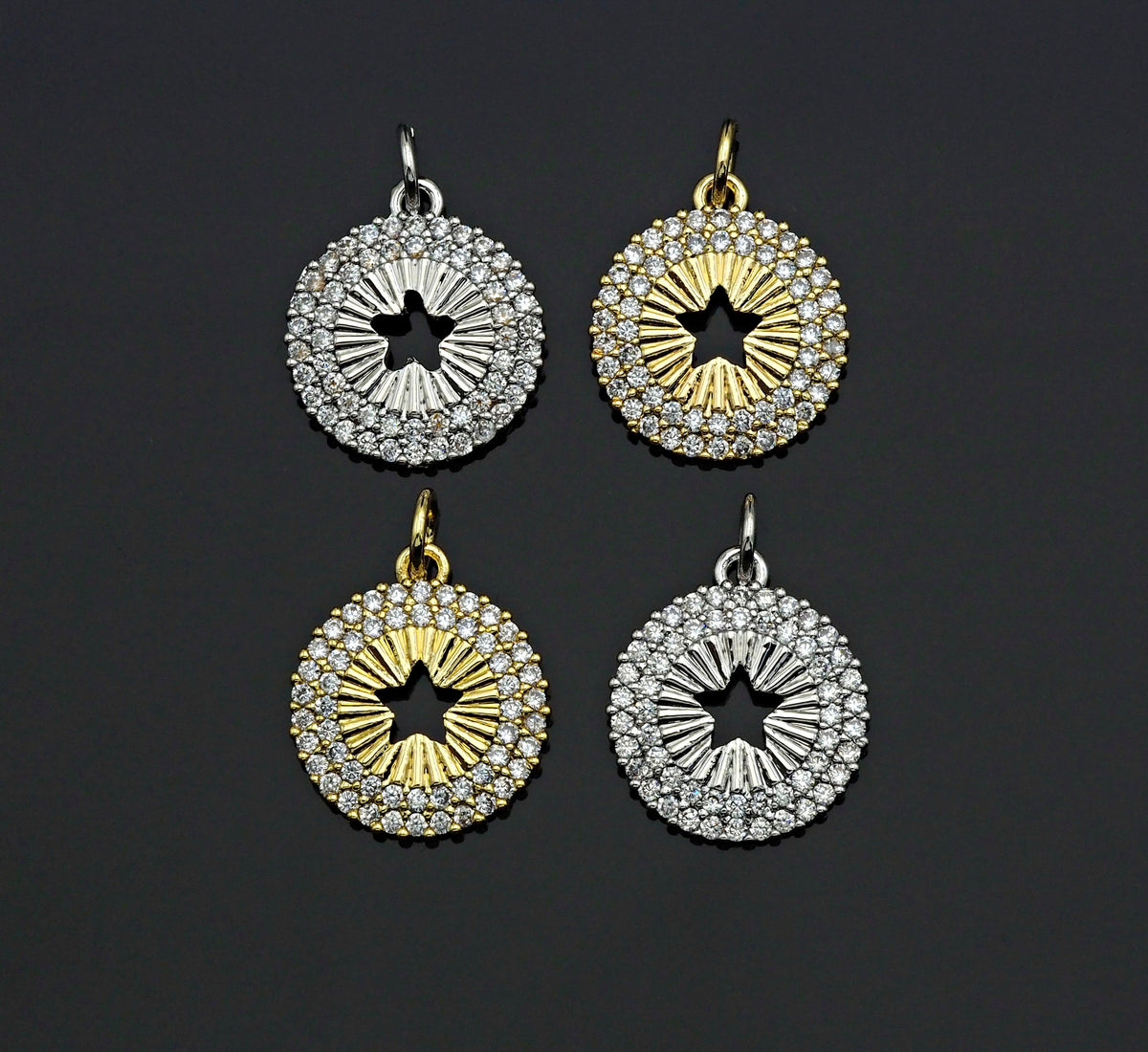 CZ Micro Pave Hollow Out Five Star On Round Coin Shape Pendant, Gold/Silver Plated,Necklace Bracelet Charm Pendant,14x16mm,sku#F1253