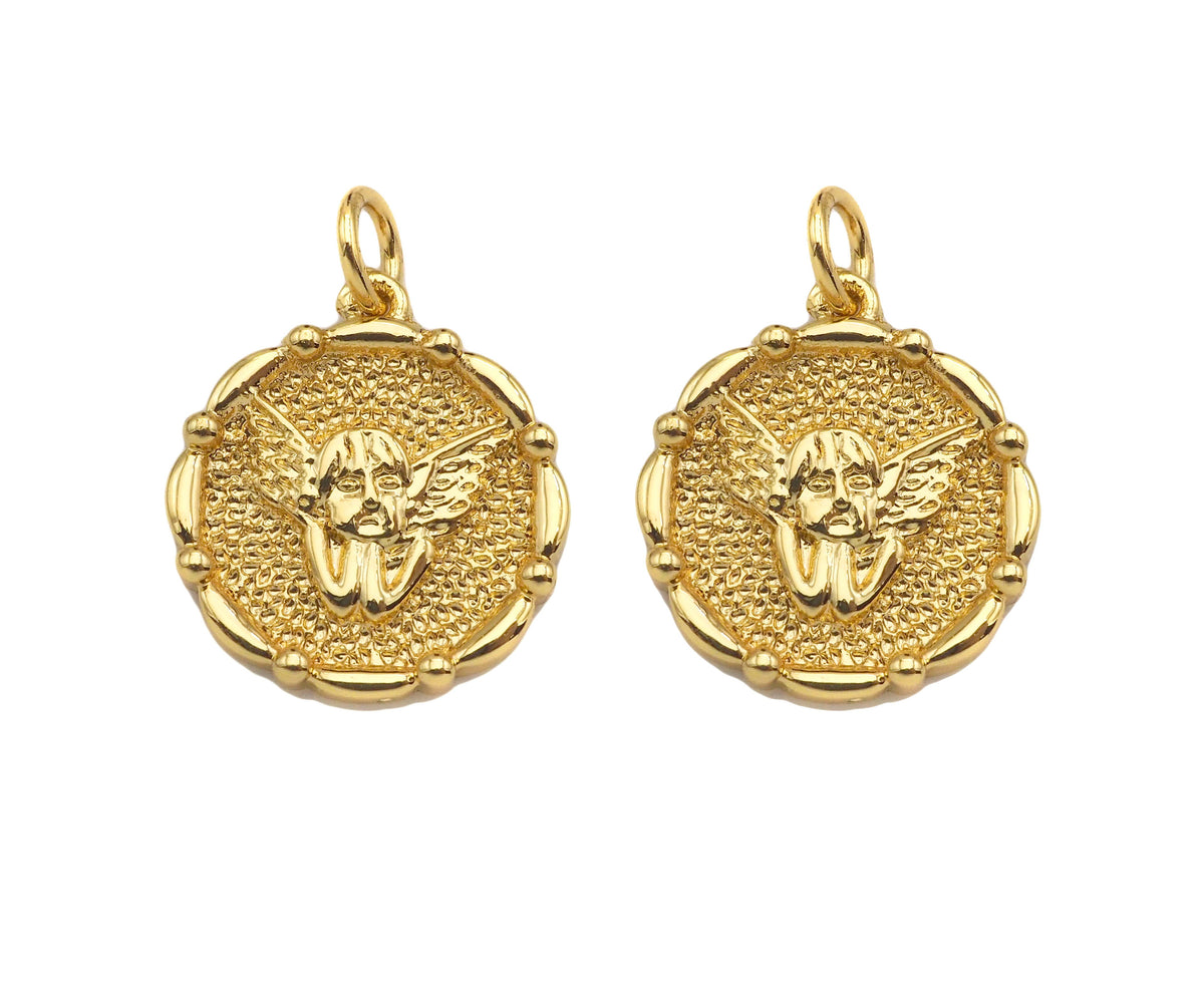 18K Dainty Gold Angel Face On Round Coin Shape Pendant/Charm,Gold Angle Medallion Charm, Necklace Bracelet Charm Pendant,17x15mm, Sku#F1362
