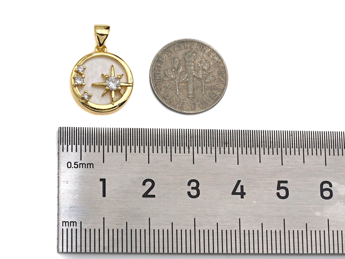 Clear CZ Micro Pave North Star On Round Coin Shape Pendant Charm, Cubic Zirconia Round Coin Mother Of Pearl Charm,14x16mm,sku#LK160