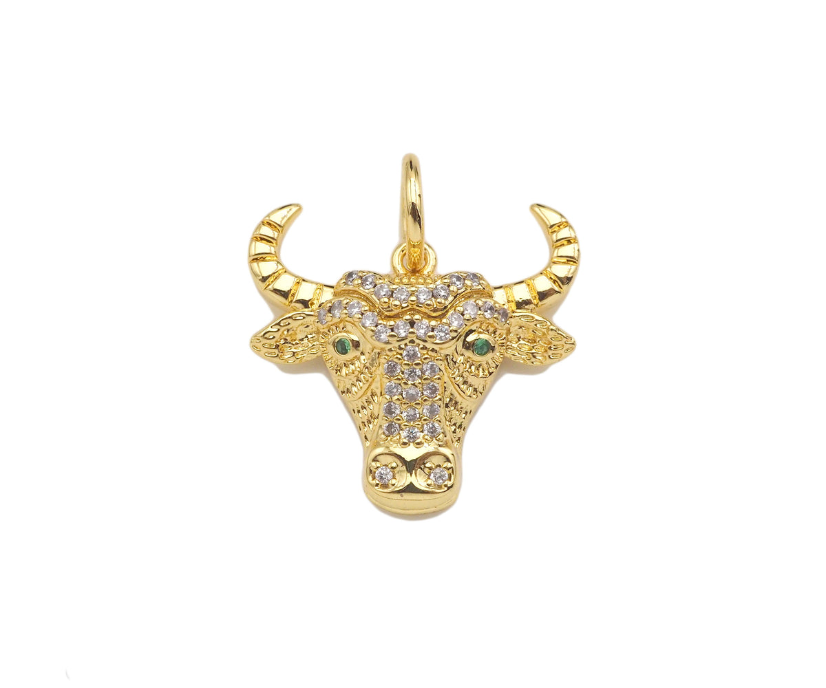 CZ Micro Pave Bull's Head Shape Pendant/Charm,Cubic Zirconia Dainty Gold Charm, Necklace Bracelet Charm Pendant,20x18mm, Sku#F1384