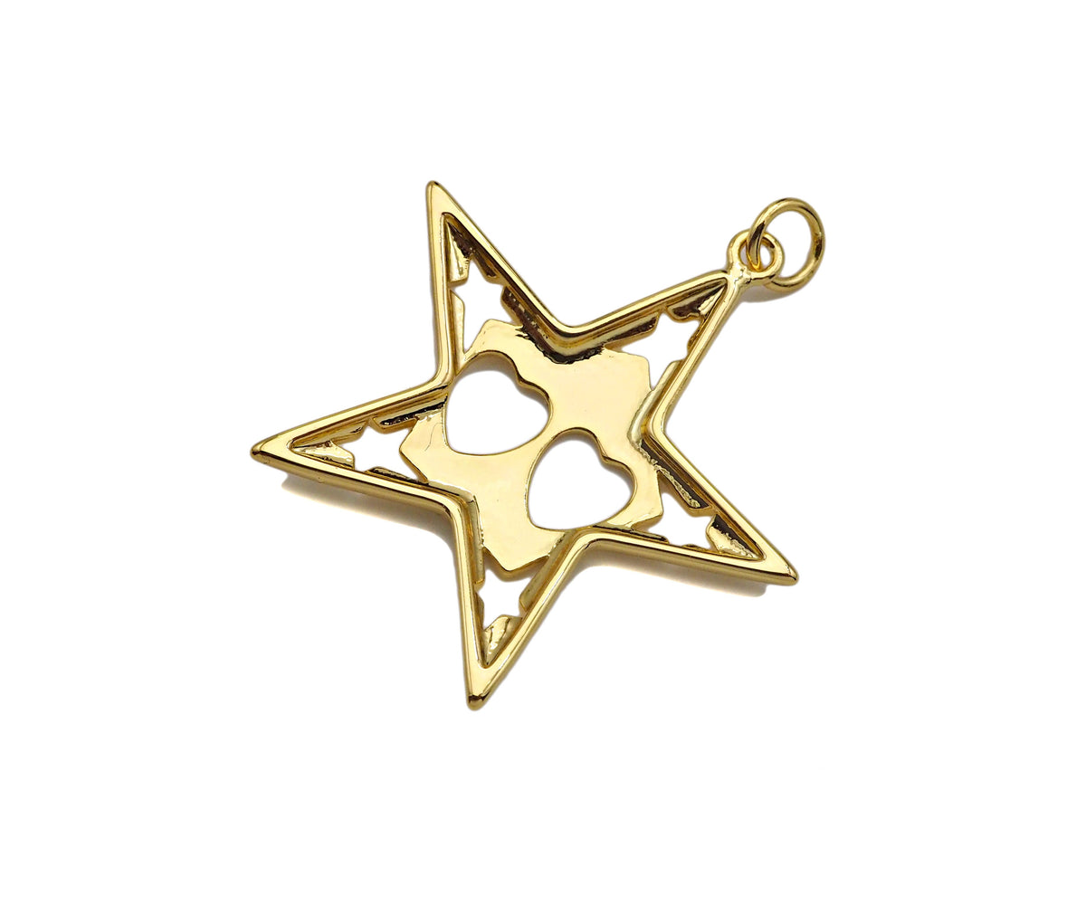 18K Dainty Gold Hollow Out Heart and Star On Five Point Star Shape Pendant, Necklace Bracelet Charm Pendant, 29x30mm, Sku#F1394