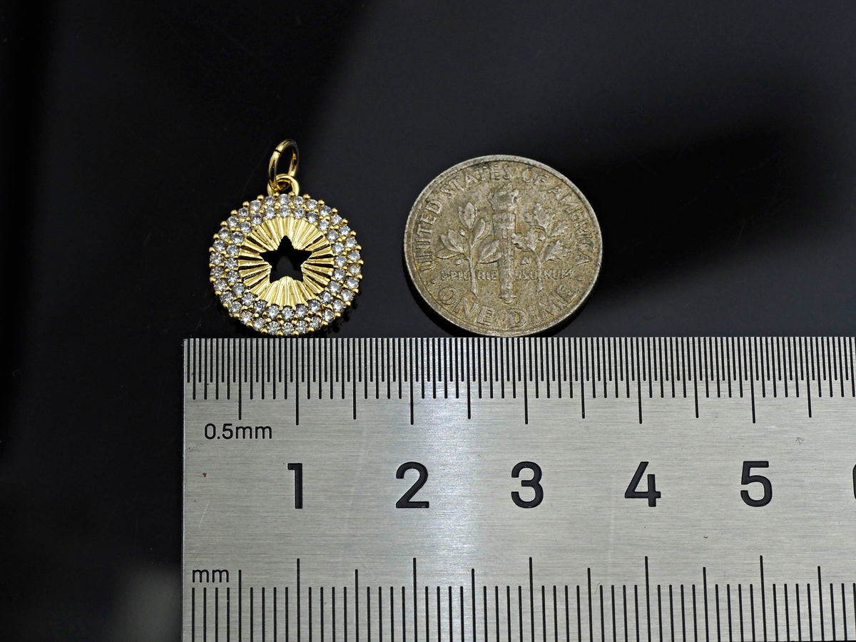 CZ Micro Pave Hollow Out Five Star On Round Coin Shape Pendant, Gold/Silver Plated,Necklace Bracelet Charm Pendant,14x16mm,sku#F1253