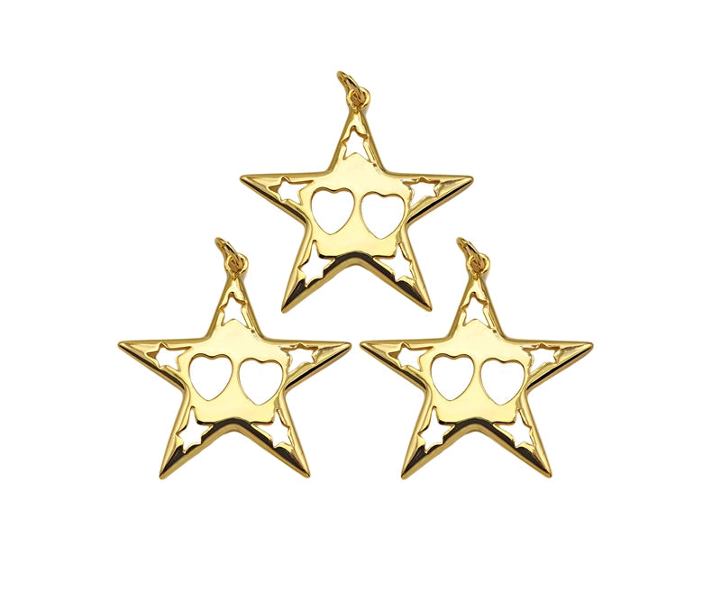 18K Dainty Gold Hollow Out Heart and Star On Five Point Star Shape Pendant, Necklace Bracelet Charm Pendant, 29x30mm, Sku#F1394