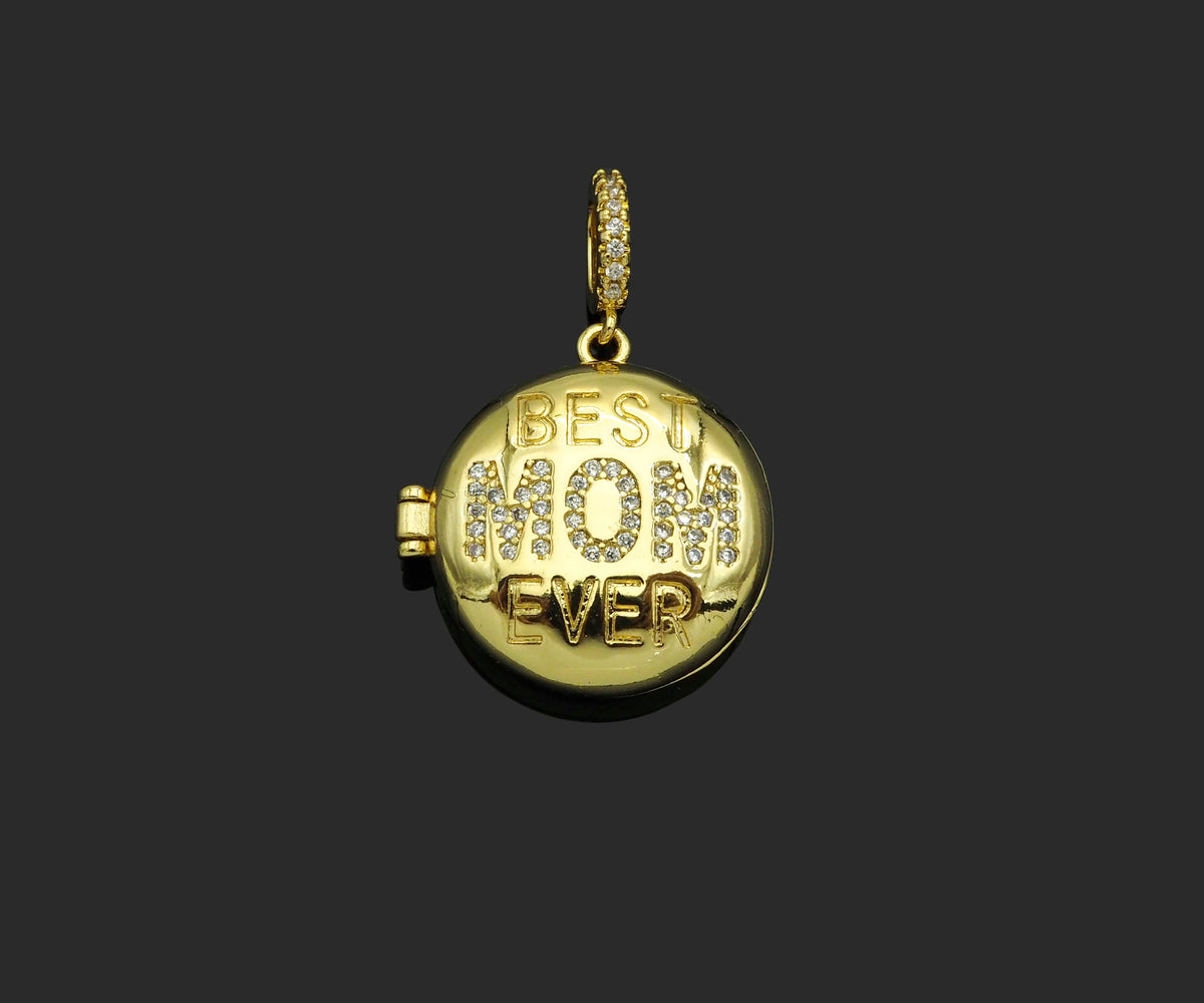 CZ Micro Pave Mom On Open-Up Round Box Shape Pendant, 22x23mm,Sku#F1405C