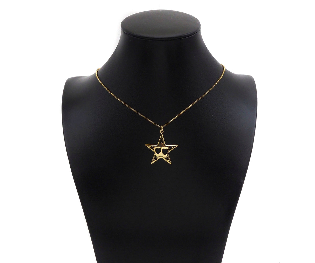 18K Dainty Gold Hollow Out Heart and Star On Five Point Star Shape Pendant, Necklace Bracelet Charm Pendant, 29x30mm, Sku#F1394