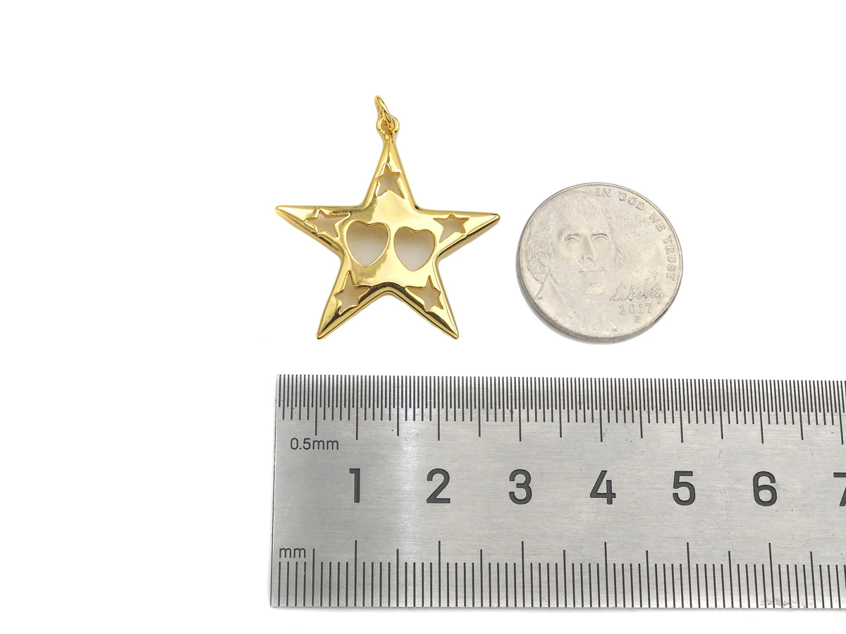 18K Dainty Gold Hollow Out Heart and Star On Five Point Star Shape Pendant, Necklace Bracelet Charm Pendant, 29x30mm, Sku#F1394