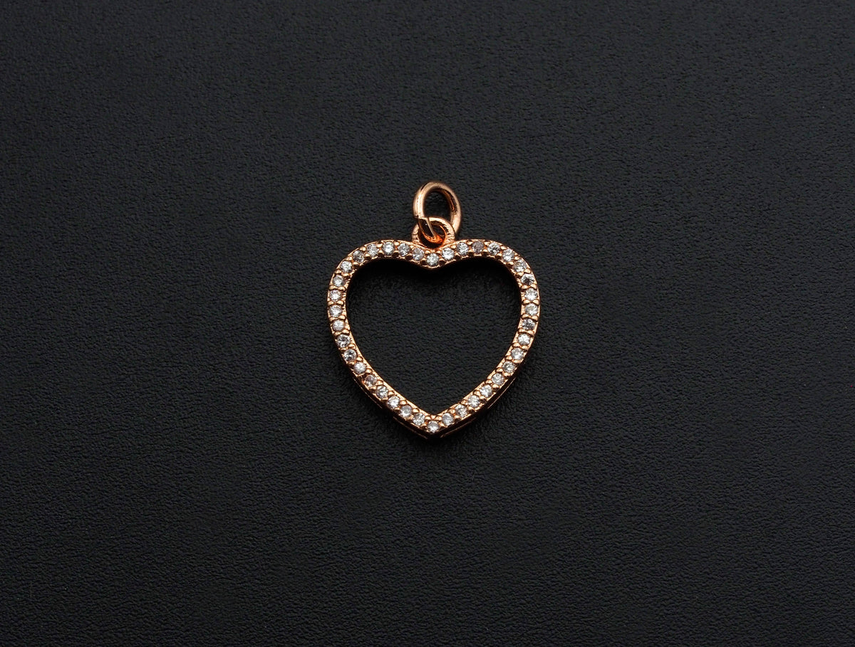 Clear CZ Micro Pave Open Heart Shape Pendant/Charm, Heart Cubic Zirconia Pendant, Silver/Gold/Rose Gold Tone,15x21mm,Sku#FH19