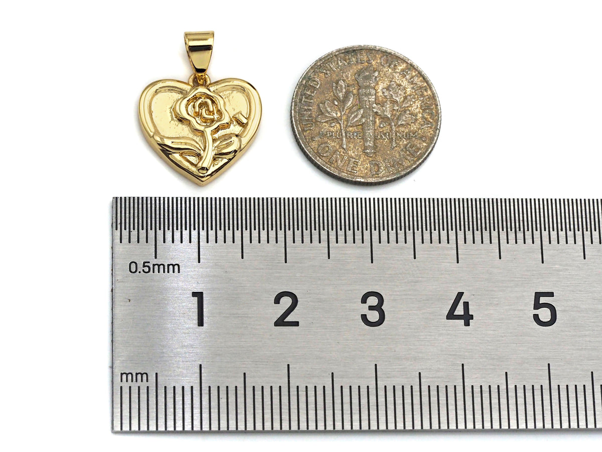 Dainty Gold Rose Flower On Heart Shape Charms,  15x14mm, Sku#F1296C