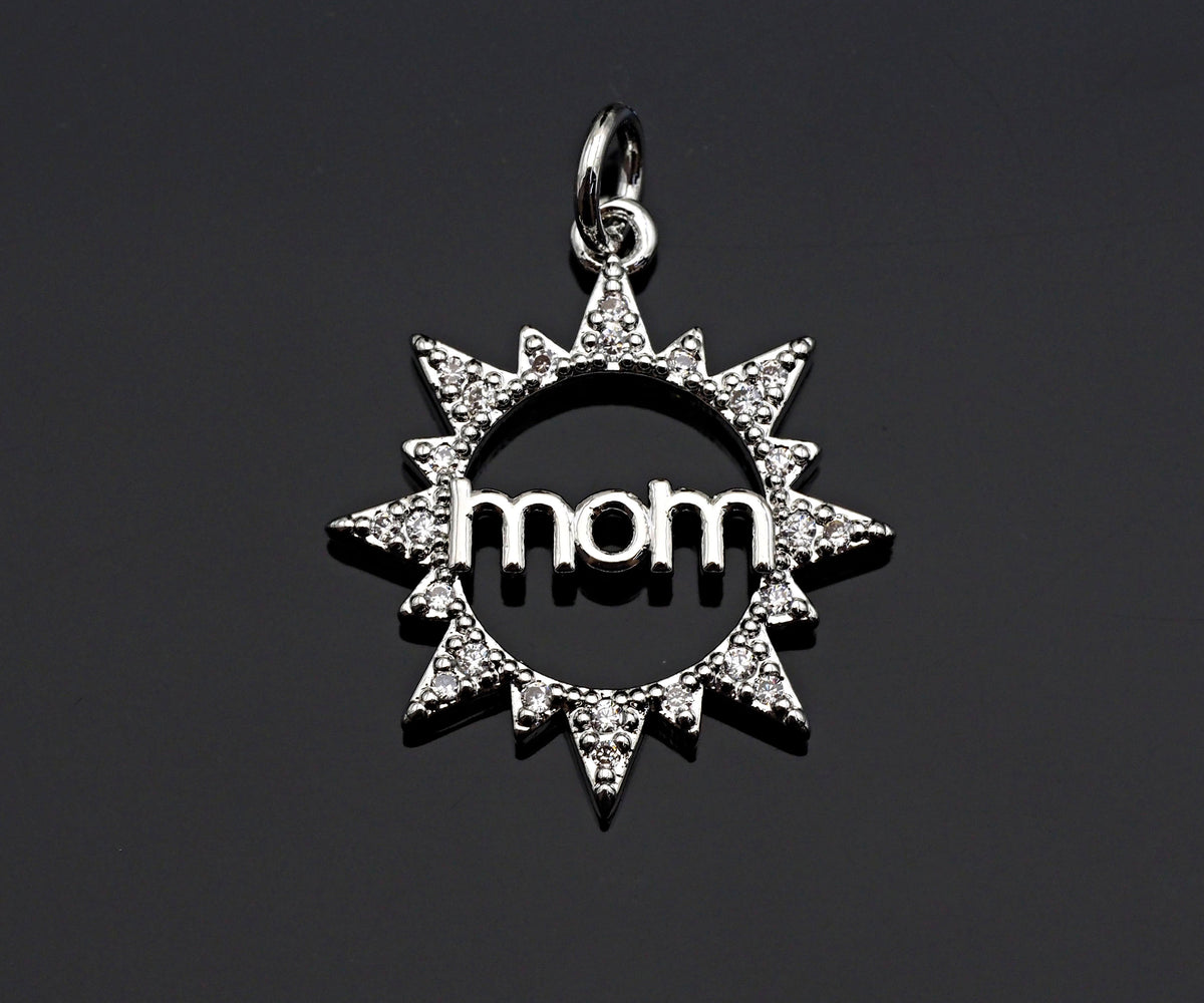 CZ Micro Pave Mom On Sunflower Round Ring Pendant/Charm,Cubic Zirconia Paved Charm, Necklace Bracelet Charm Pendant,19x21mm, sku#L376