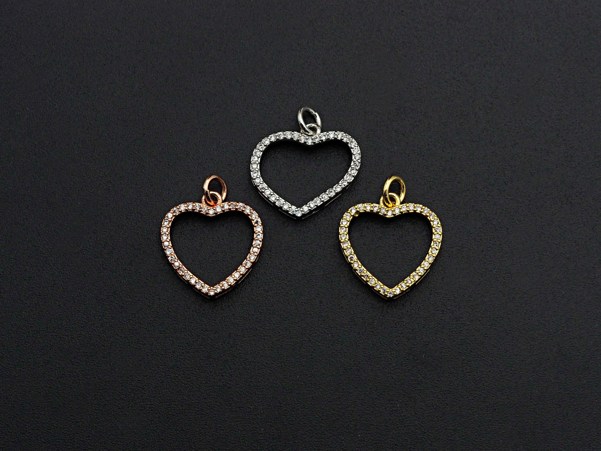 Clear CZ Micro Pave Open Heart Shape Pendant/Charm, Heart Cubic Zirconia Pendant, Silver/Gold/Rose Gold Tone,15x21mm,Sku#FH19