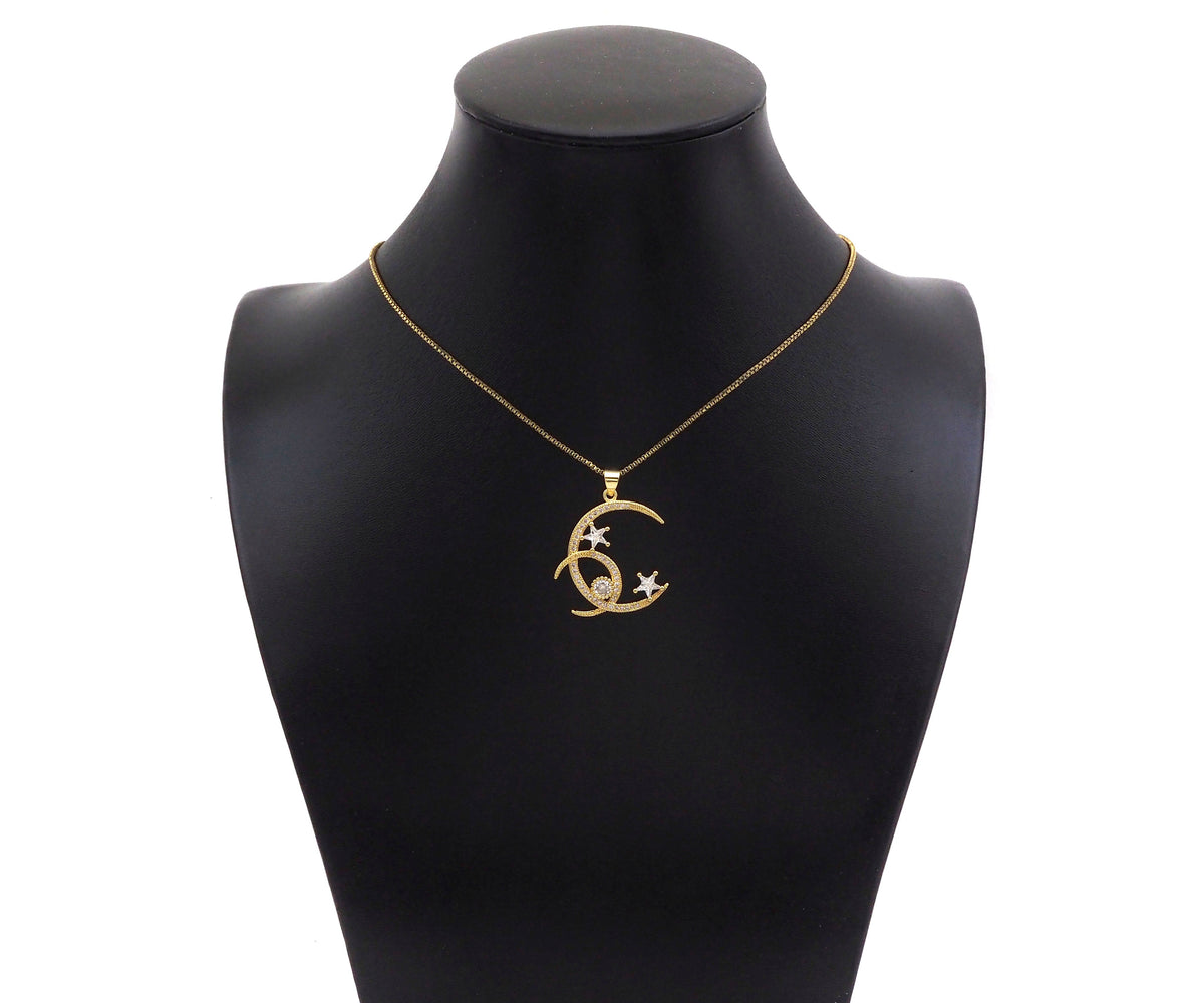 CZ Micro Pave Double Cresent Moon With Star Shape Pendan,Big CZ Dainty Gold Charm, Necklace Bracelet Charm Pendant,26x28mm, Sku#F1385