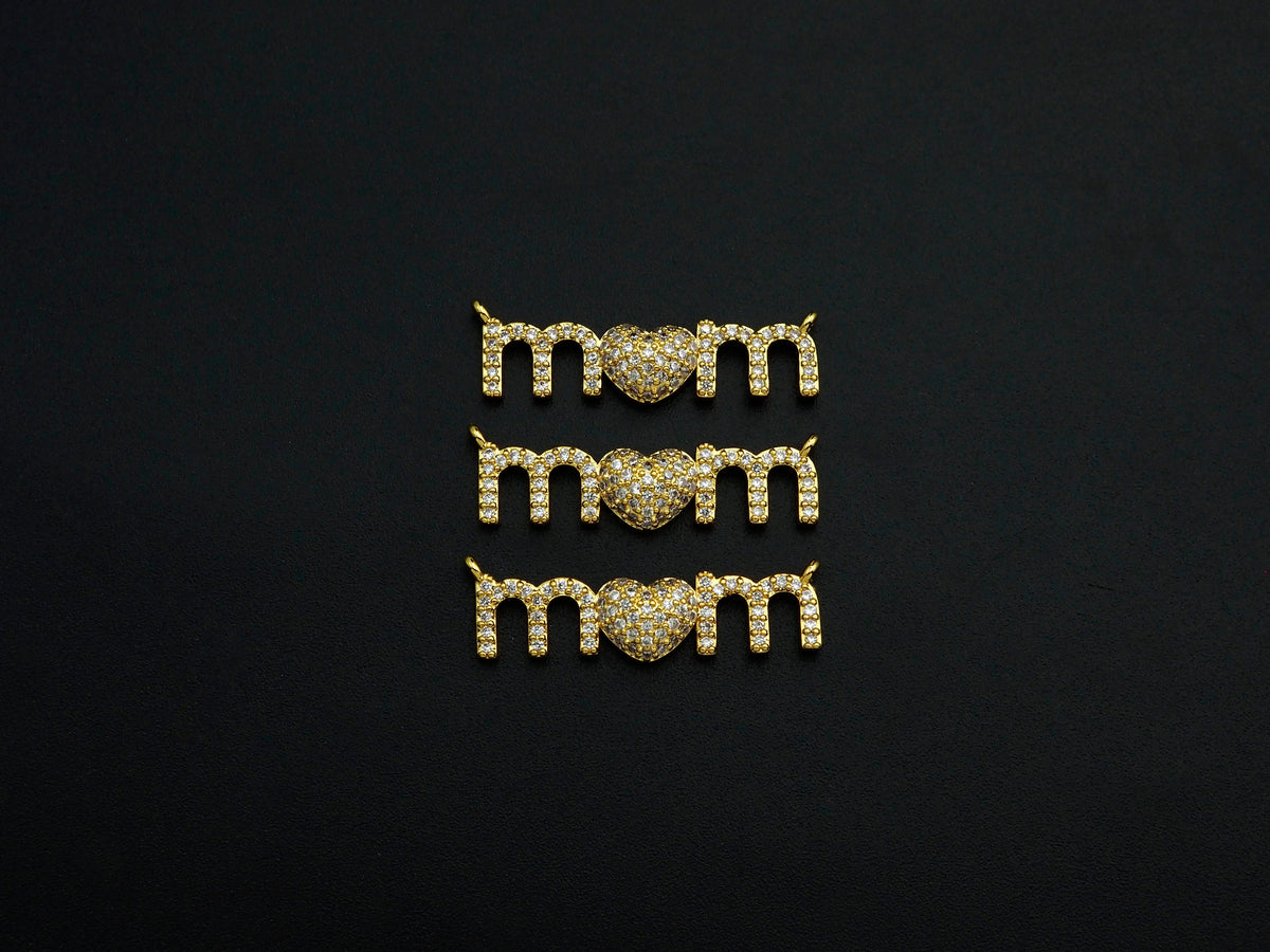 CZ Micro Pave Mom Alphabet With Heart Pendant/Charm,Cubic Zirconia Paved Charm, Necklace Bracelet Charm Pendant, 8x28mm,sku#F1132