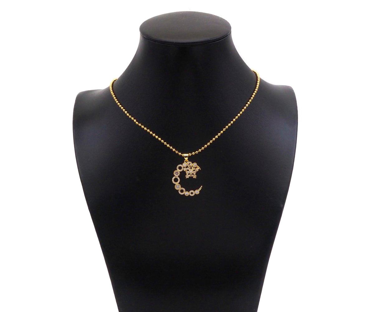 CZ Micro Pave Moon and Five Point Star Shape Pendant, Sku#F1395C