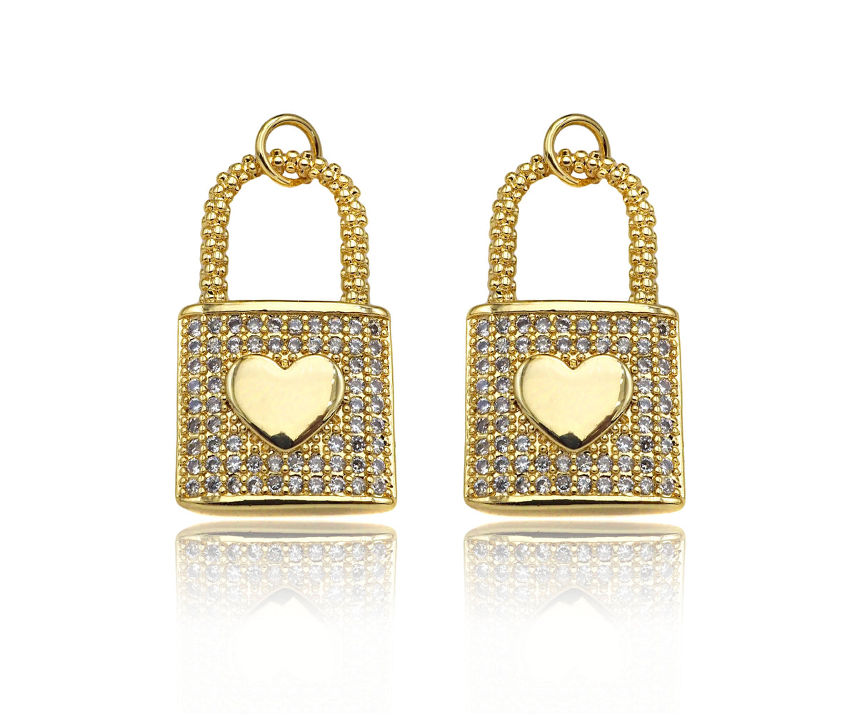 CZ Micro Pave Heart On Lock Shape Pendant/Charm,18K Gold Fil