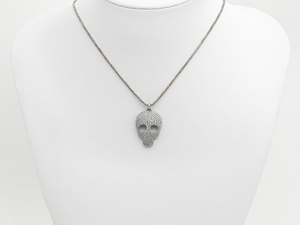 Rhodium CZ Micro Pave Skull Head Pendant, Antique Silver Tone, Cubic Zirconia Pave Skull Pendant,18x31mm,sku#X126