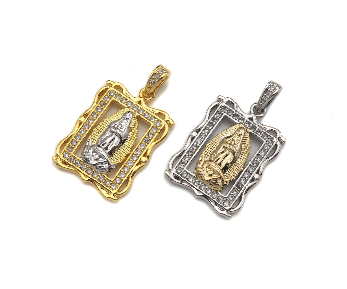 CZ Micro Pave Virgin Mary On European Rectangular Frame Charms, Dural Color Pendant,Sku#F1275C