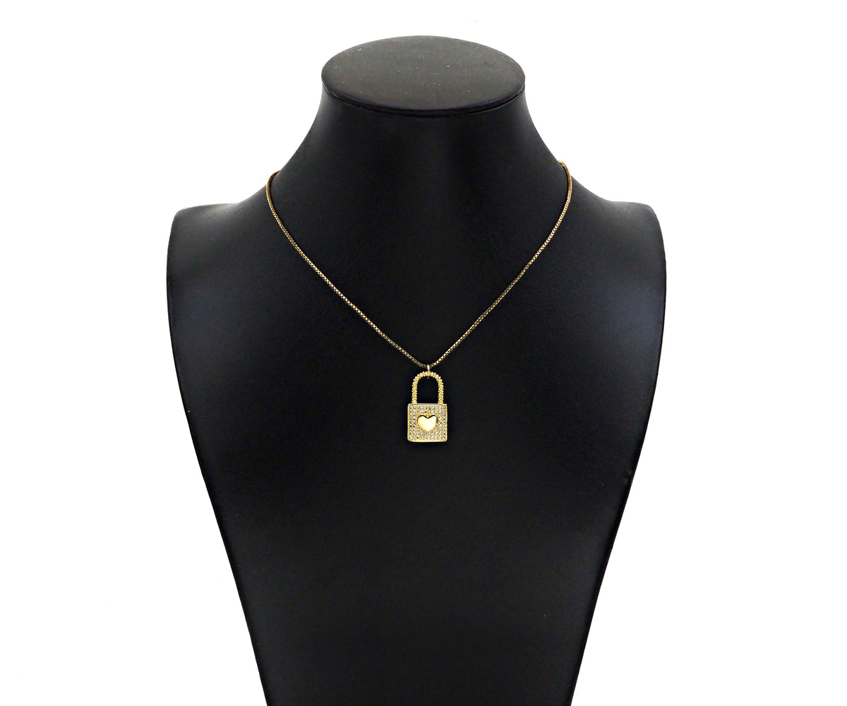 CZ Micro Pave Heart On Lock Shape Pendant/Charm,18K Gold Fil