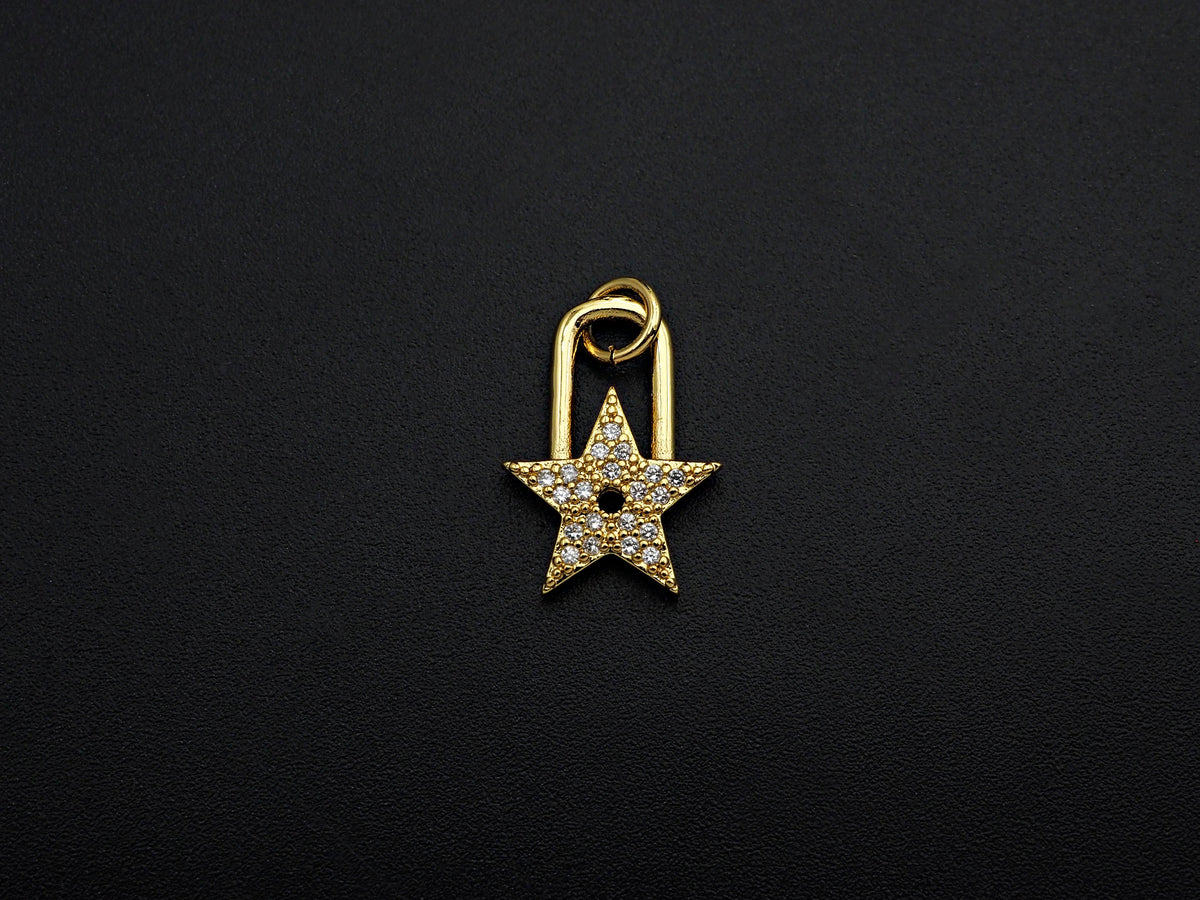 CZ Micro Pave Five Star Lock Pendant Charm, Cubic Zirconia Star Pendant, Gold Tone pendant, 11x16mm, sku#F1104