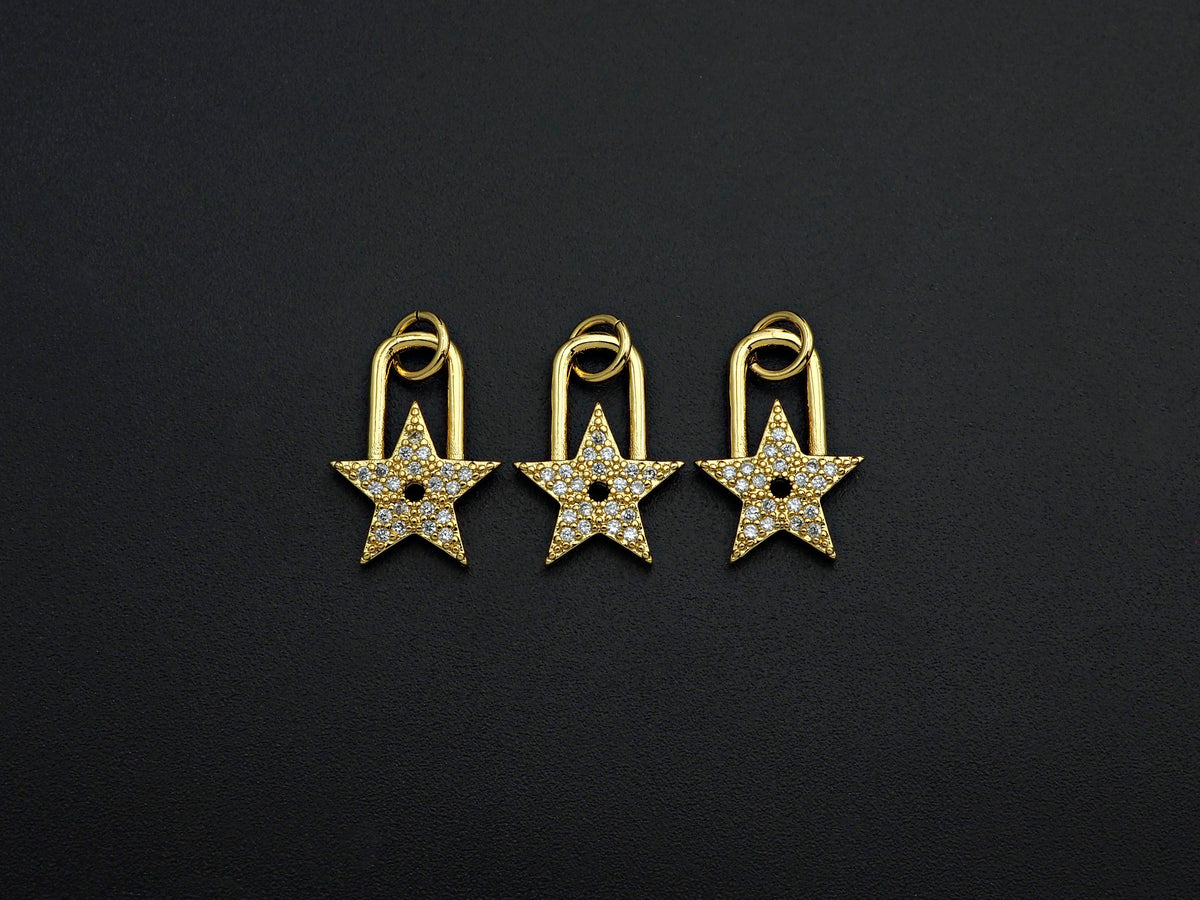 CZ Micro Pave Five Star Lock Pendant Charm, Cubic Zirconia Star Pendant, Gold Tone pendant, 11x16mm, sku#F1104