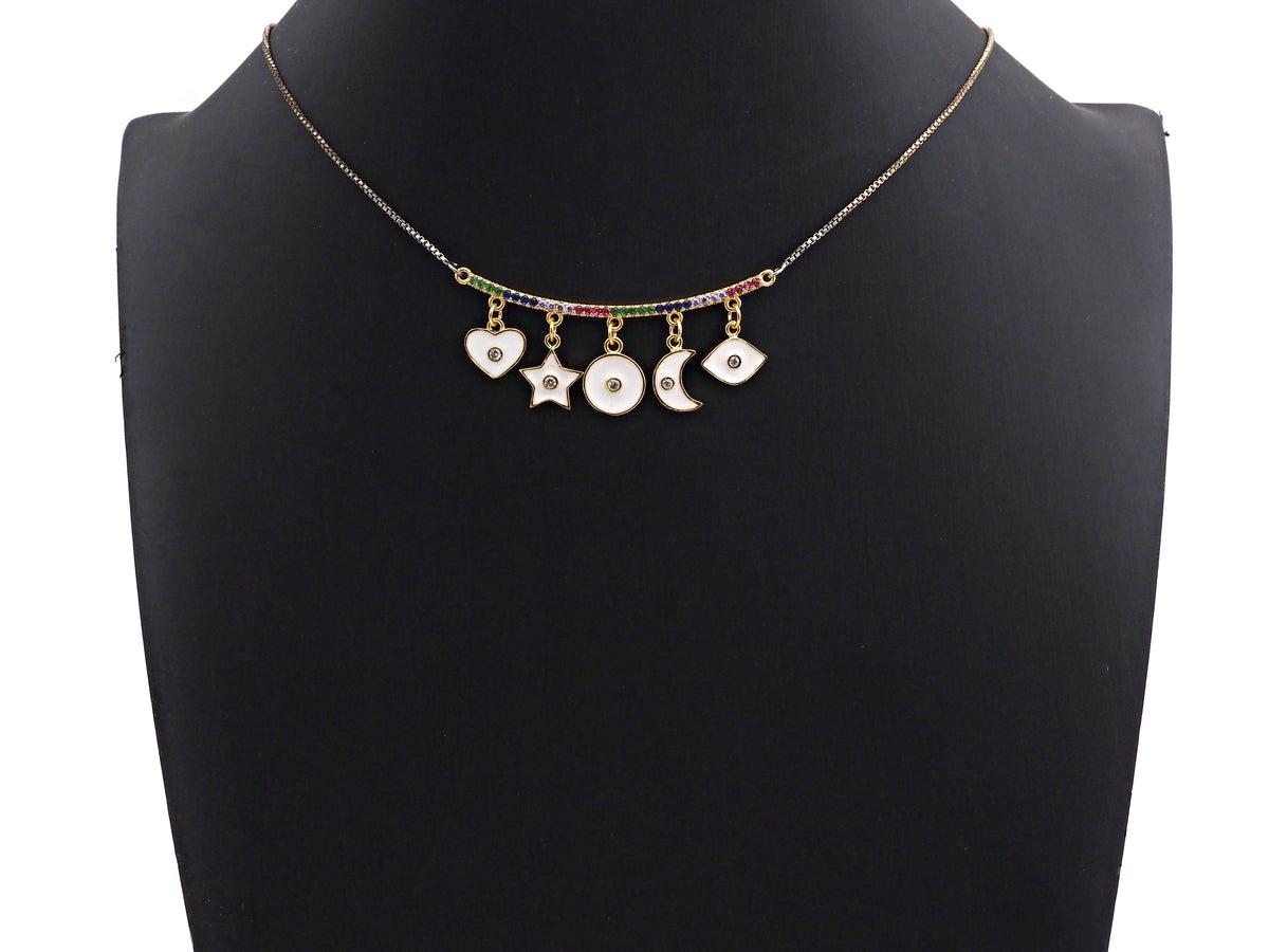 CZ Micro Pave Enamel Curved Bar with Dangle Heart Star Moon Pendant/Charm,SKU#F1133C