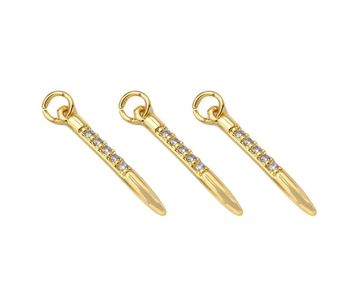 CZ Micro Pave Needle Shape Pendant, 18K Gold Charm, Necklace Bracelet Charm Pendant,2x18mm,Sku#FH161