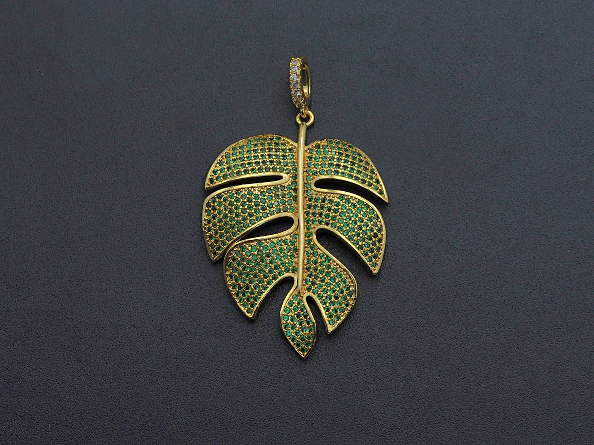 Green CZ Micro Pave Large Leaf  Pendant/Charm, Leaf Cubic Zirconia Pendant, 31x42mm,Sku#F1071