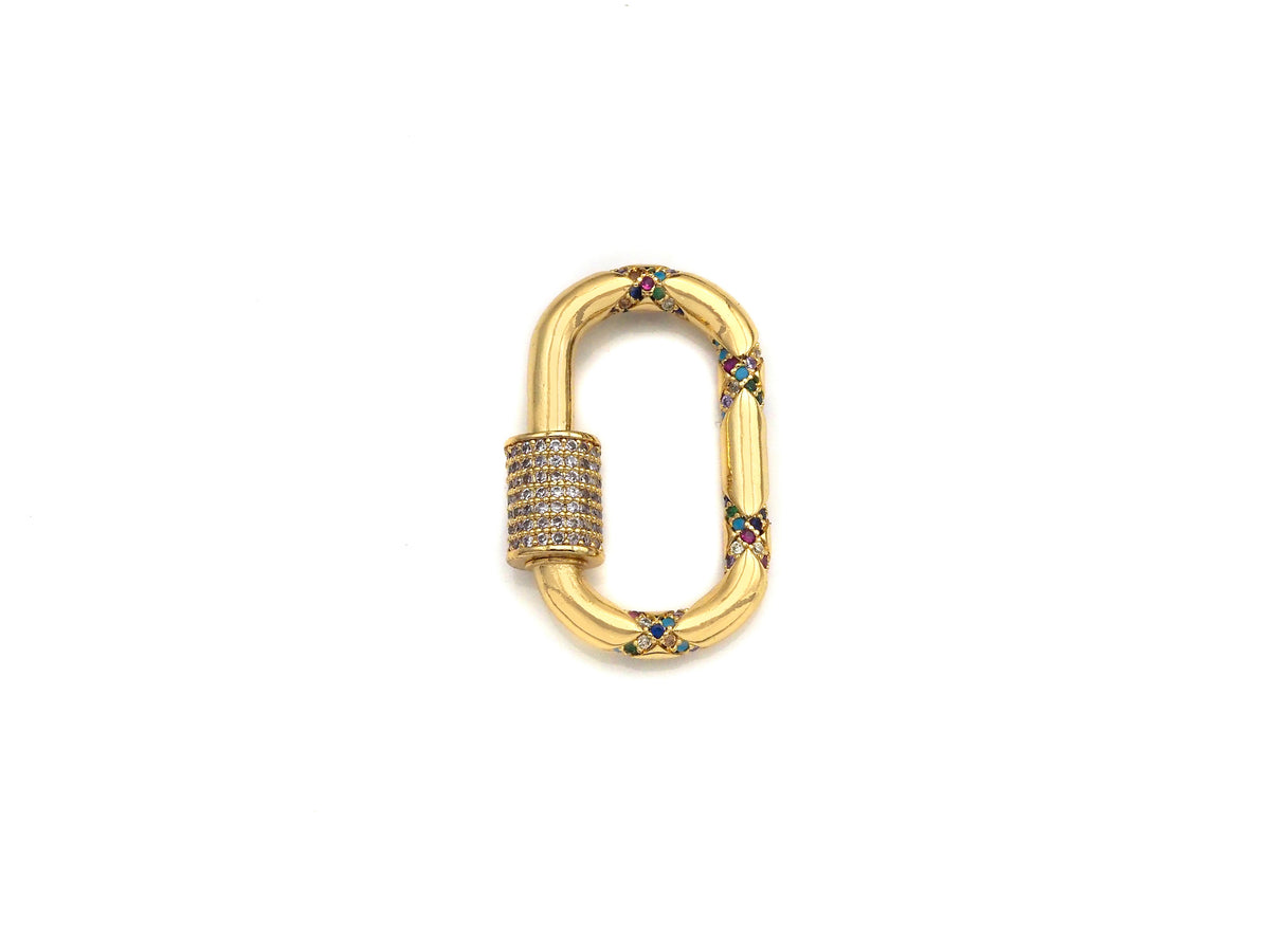 Gold Micro Pave Oval Clasp with Colorful CZ Cross Patten, Oval Lock, CZ Pave carabiner Clasp, 19X30mm, sku#H266