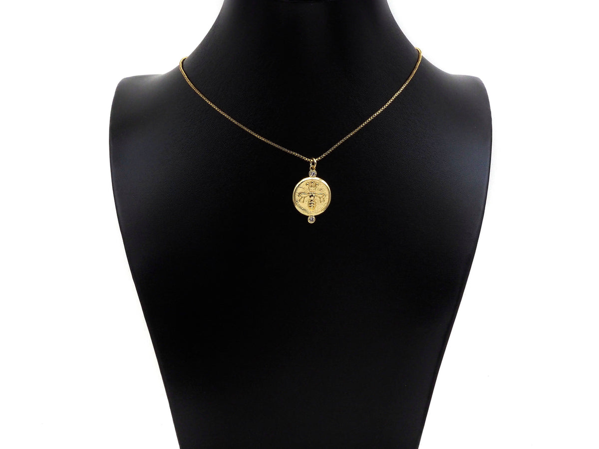 CZ Micro Pave Bee Crown On Round Coin Pendant/Charm, Bracelet Necklace CZ  Round Pendant Charm, Silver/Gold Tone,18x26mm,Sku#L460
